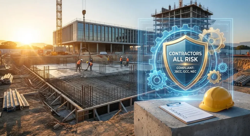 A construction site at sunrise with a digital overlay showing a shield for Contractors All Risk insurance, highlighting compliance with JBCC, GCC, and NEC standards.